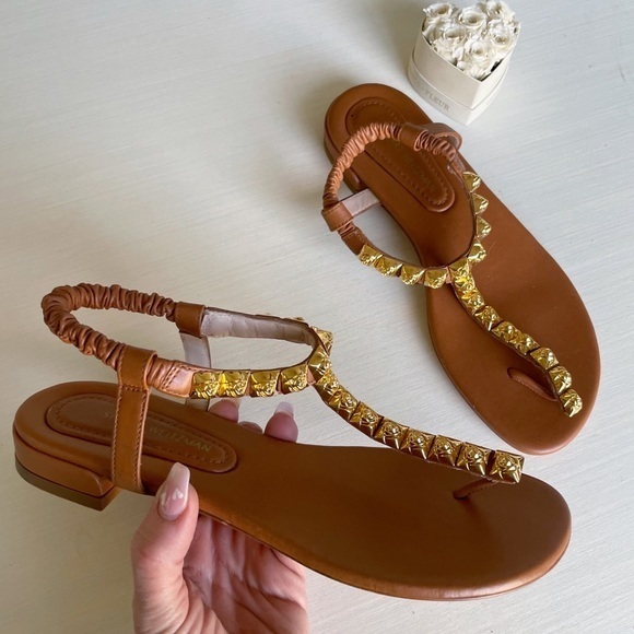 New Stuart Weiztman $450 Brown Leather Gold Rose Appliqué Thong Sandals Flats - Picture 3 of 12